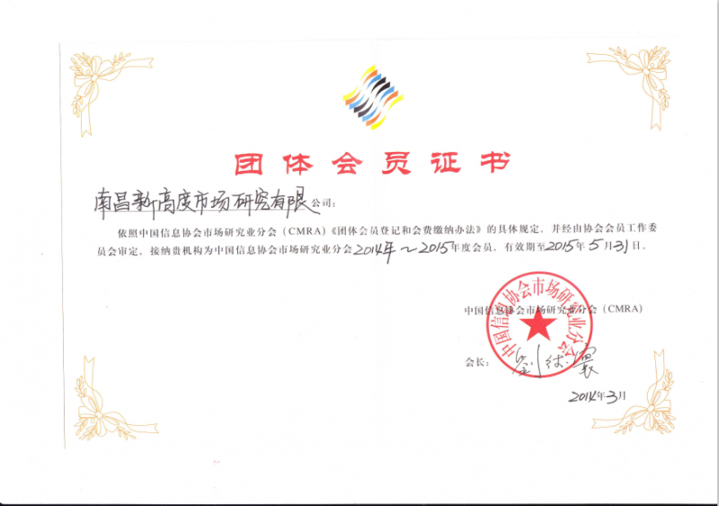 中国信息协会市场研究分会团体会员证书